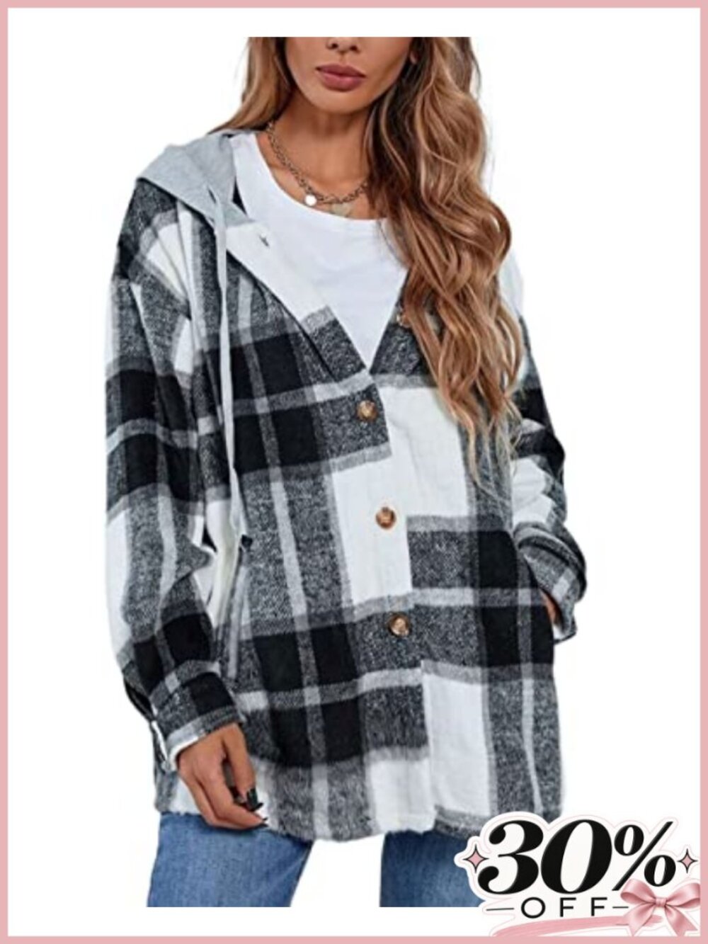 Oversized Flannel Plaid Hooded Shacket Jacket Loose Fit Button Down Women